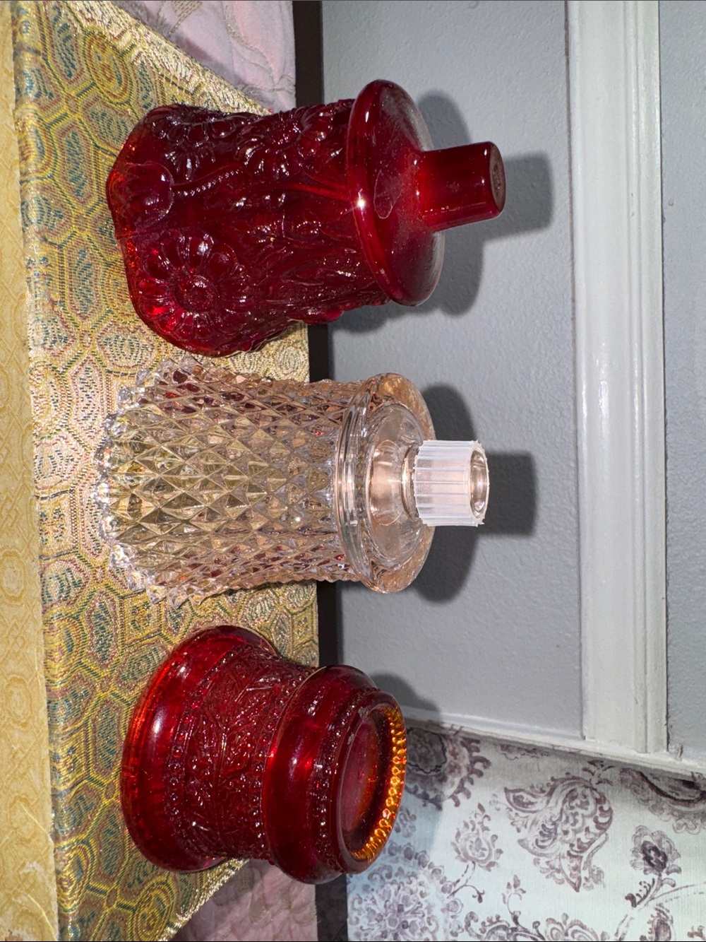 Red Glass Vanity Jars and Clear Cut Glass Jar Set